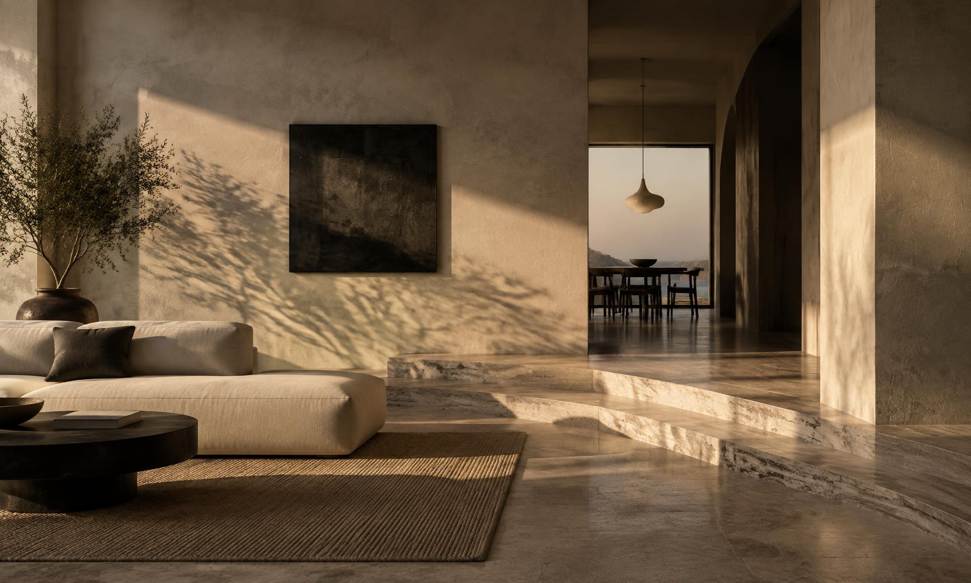Interior arquitectónico bañado por luz cálida